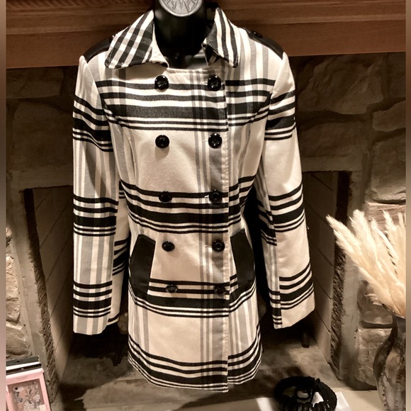 BCX BLACK & WHITE PLAID DOUBLE BREASTED PEACOAT SZ.L - Picture 6 of 16